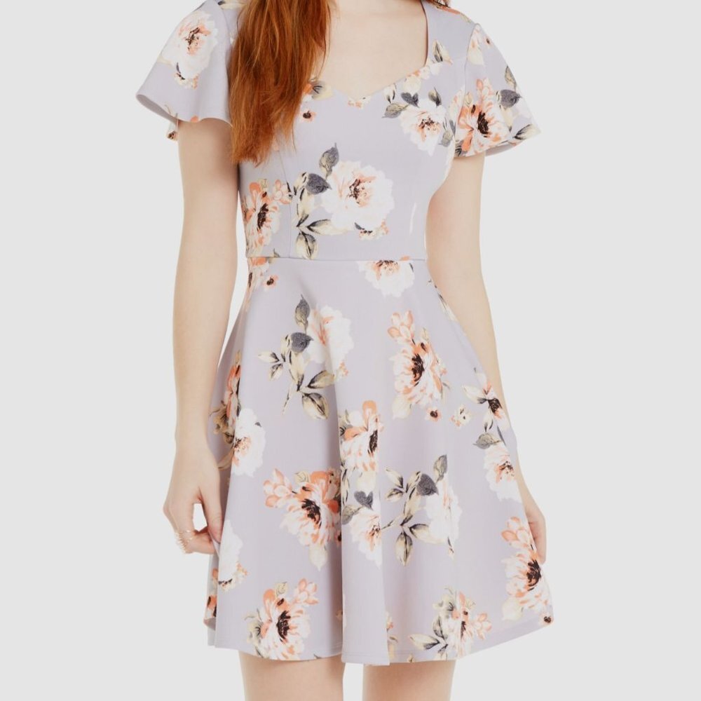 NEW City Studios Juniors' Women's Gray Floral V-Neck Fit & Flare Dress P6309